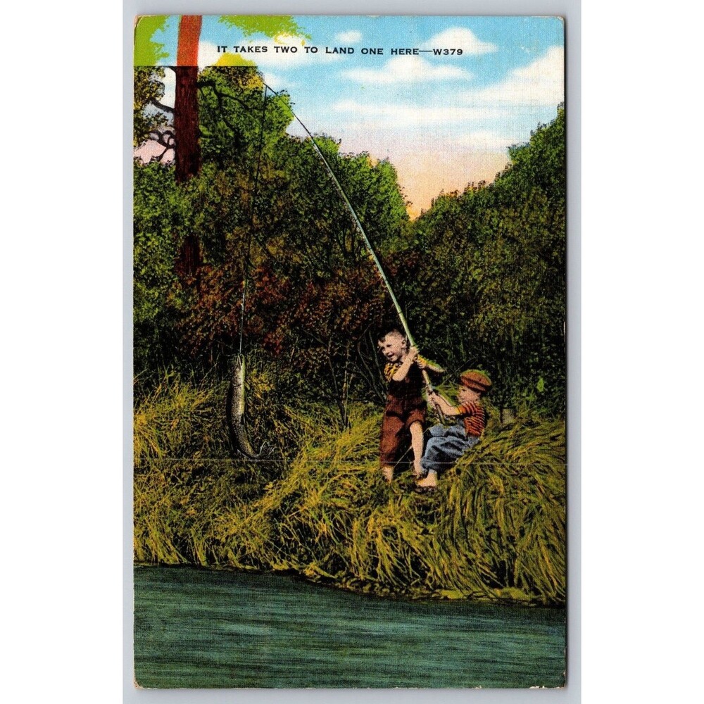 Vintage 1953 Pine River MN Fishing Postcard E.C. Kropp Co. Comic "It Takes Two"